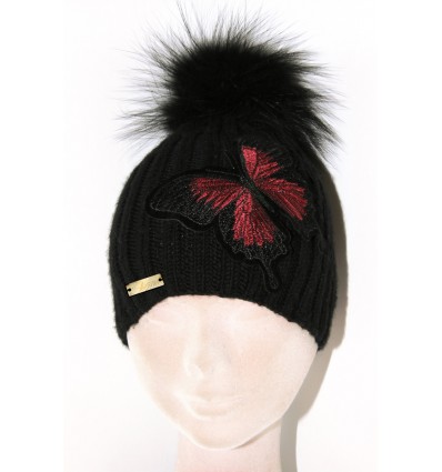 LUXURY WOOLEN HAT FUR POMPOM AND EMBROIDERY IN BLACK - BUTTERFLY