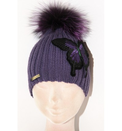 LUXURY WOOLEN HAT FUR POMPOM AND EMBROIDERY IN VIOLET - BUTTERFLY