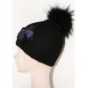 LUXURY WOOLEN HAT FUR POMPOM AND EMBROIDERY IN BLACK - BUTTERFLY