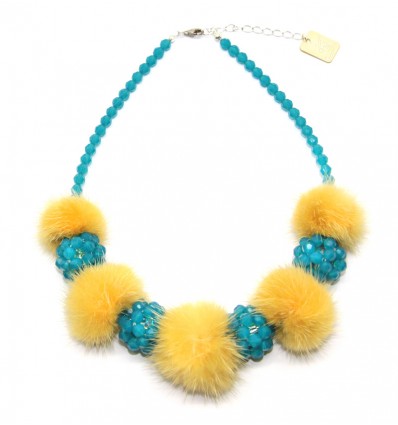 FUR AND SWAROVSKY NECKLACE IN YELLOW/TURQUOISE