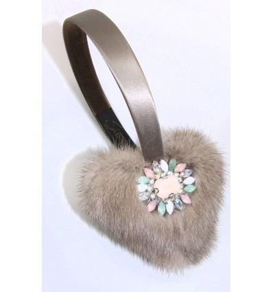 EMBROIDERED HEARTS MINK FUR EARMUFFS IN TAUPE